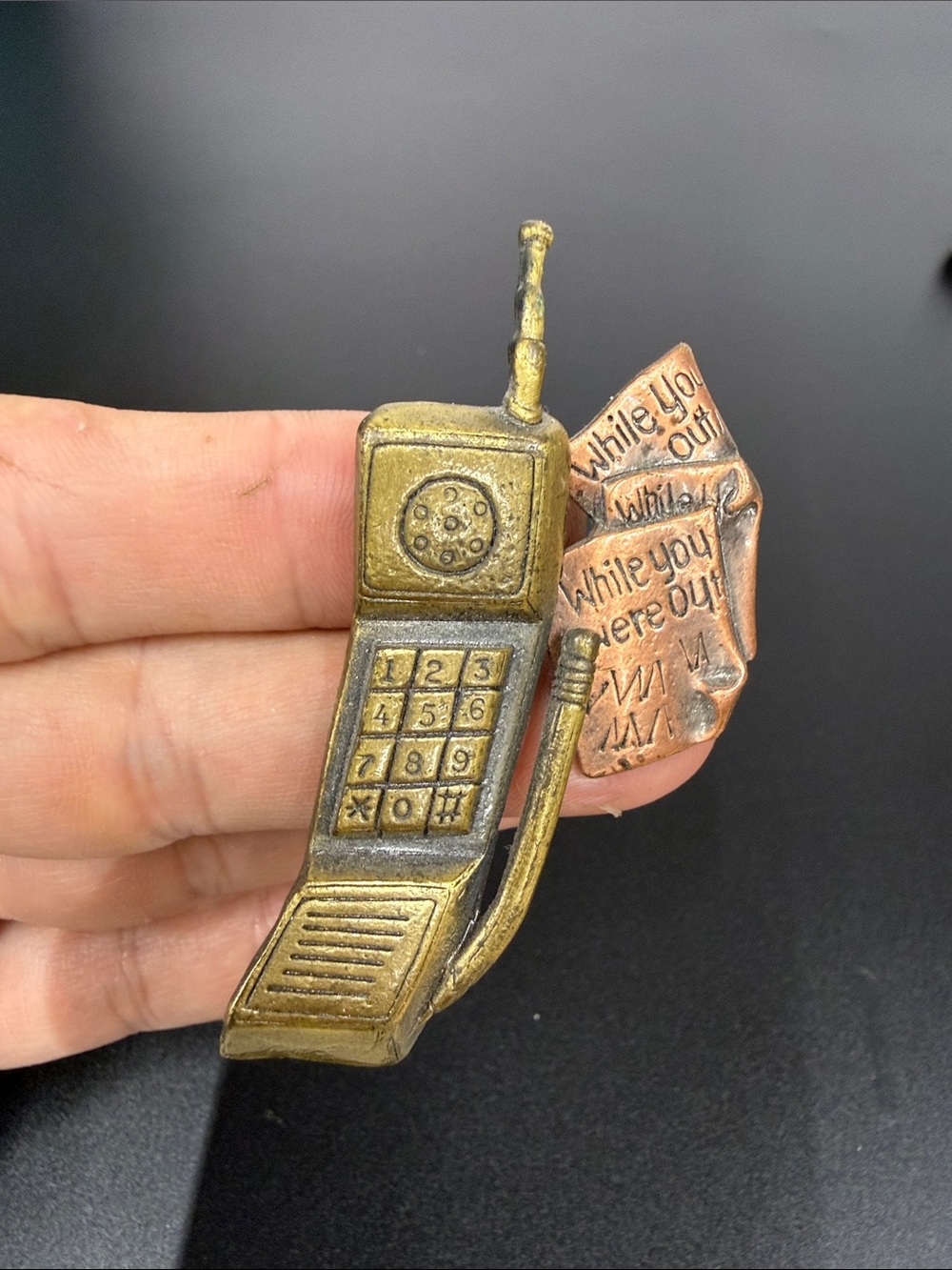 Antique Brass-Tone Mobile Phone Brooch with Copper Accent